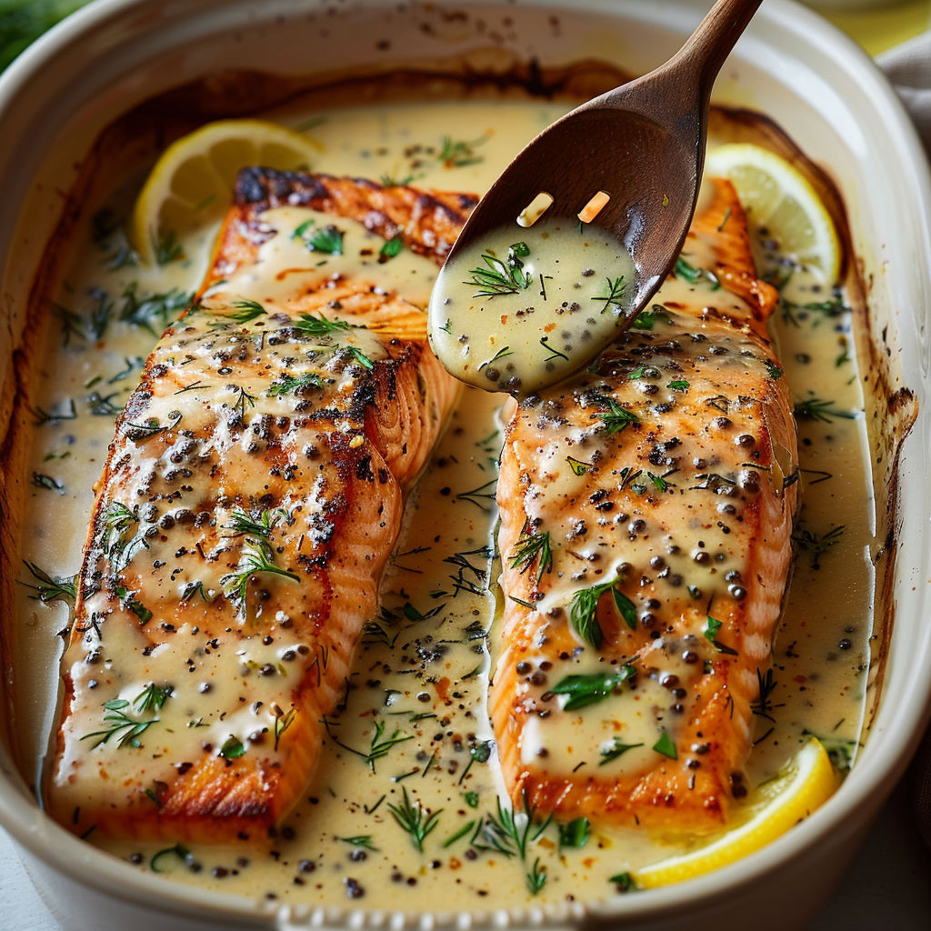 A bowl of fish with a spoon in it.