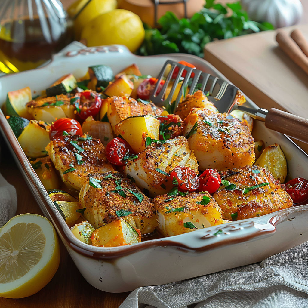 A dish of fish with vegetables and lemon.