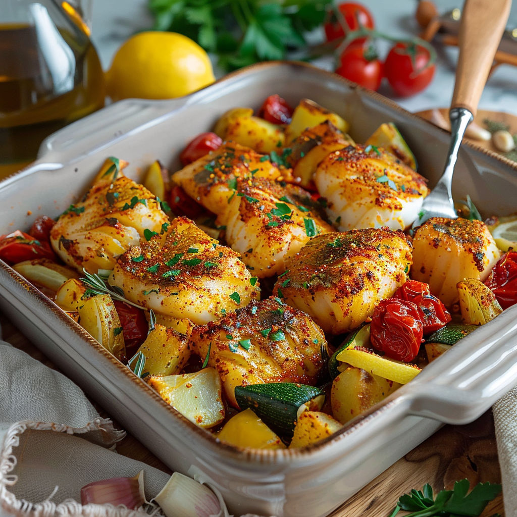 A dish of food with shrimp, tomatoes, and lemon.