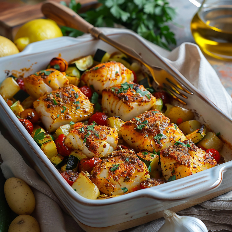 A dish of fish and vegetables.