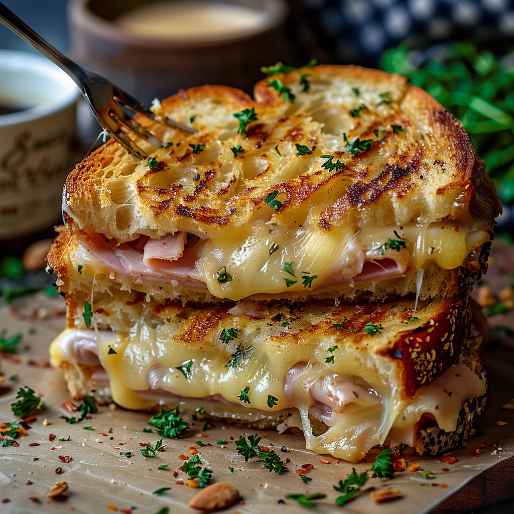 A croque-monsieur sandwich with cheese and ham.