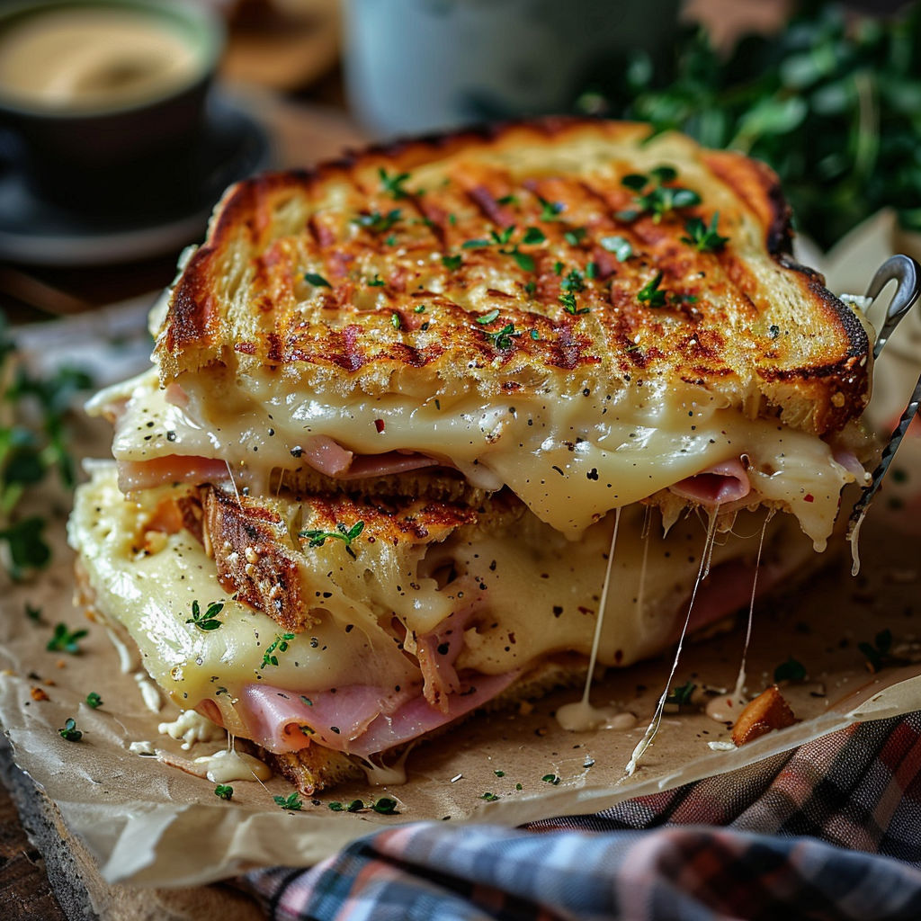 A sandwich with cheese and ham on a cutting board.