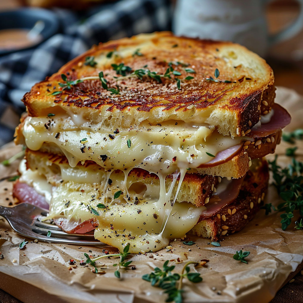 A sandwich with cheese and herbs on top.
