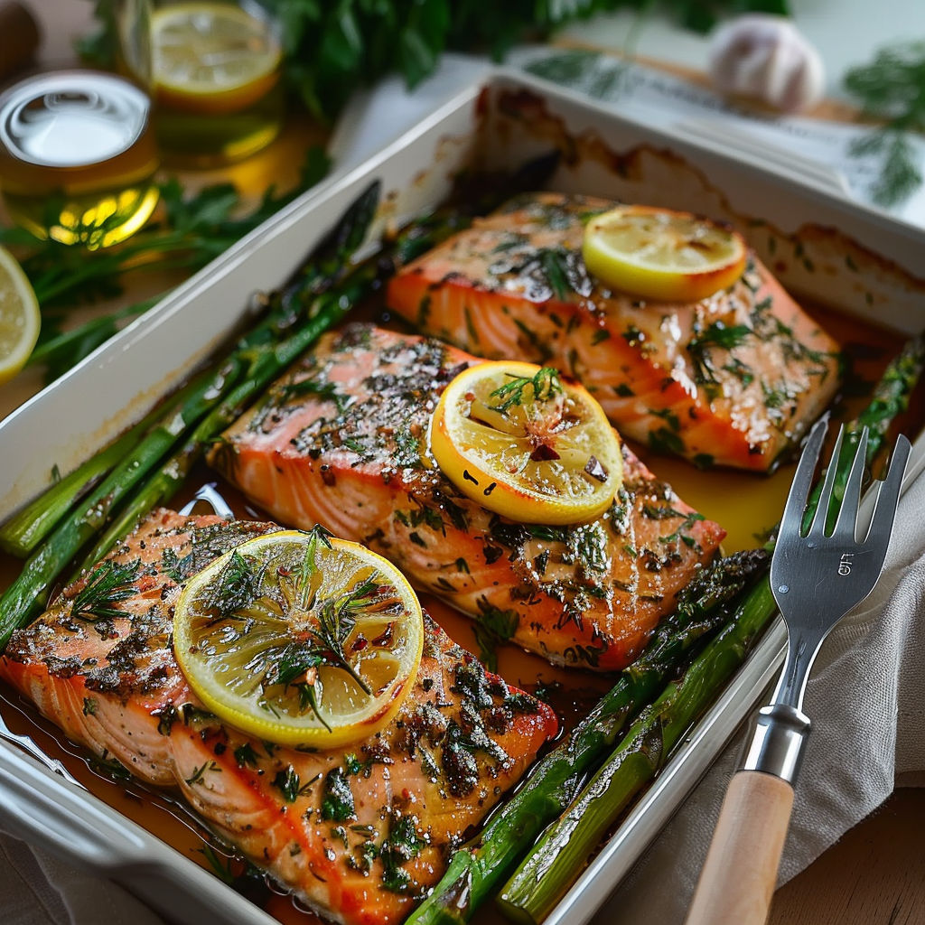 A pan of fish with lemon slices on top.