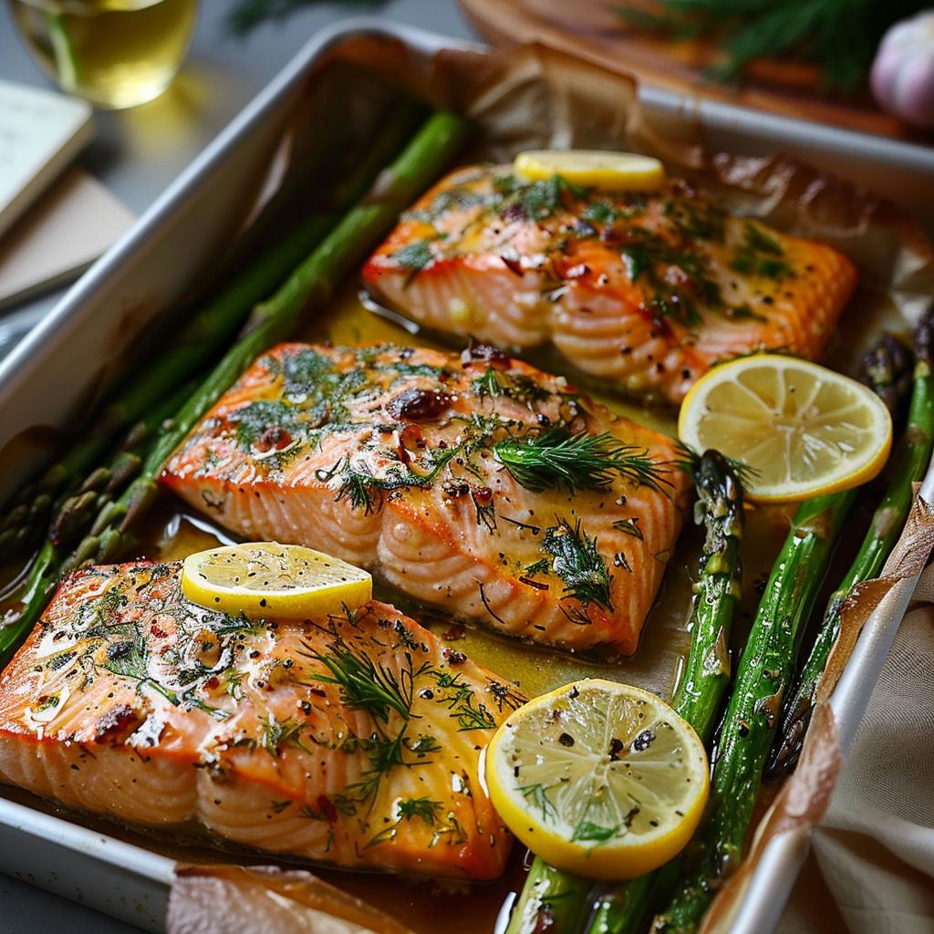 A pan of fish with lemon slices on top.