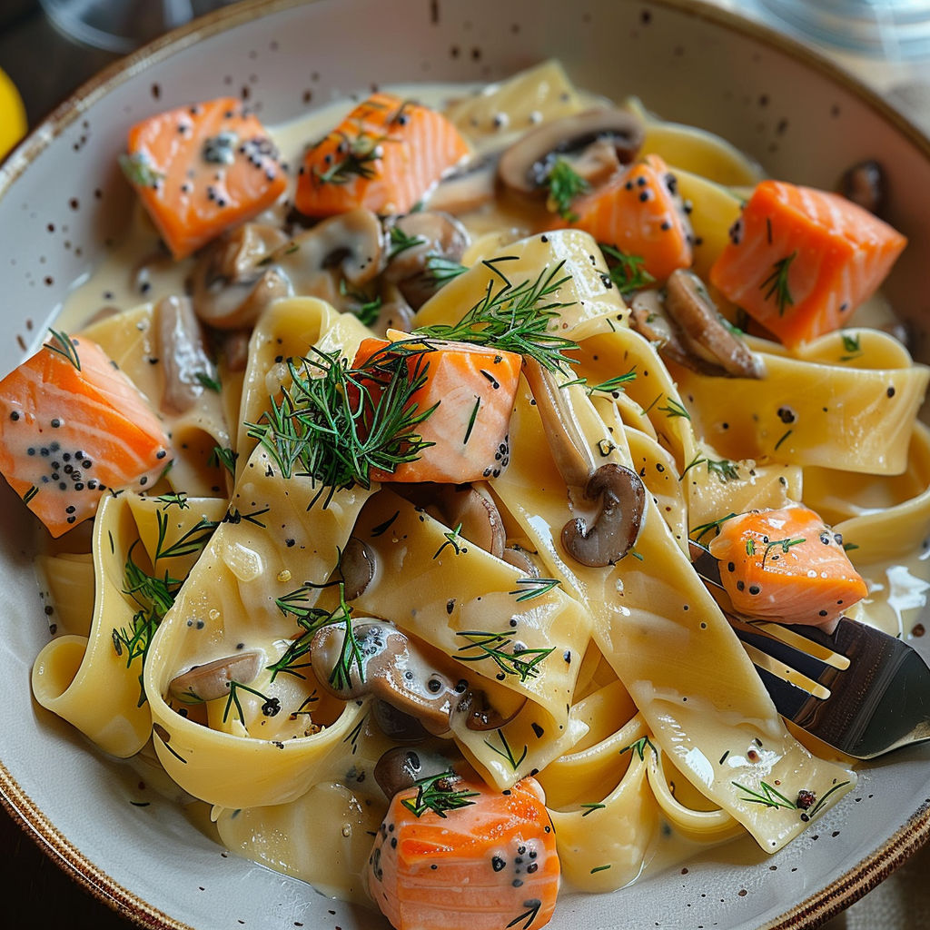 A bowl of pasta with mushrooms and salmon.