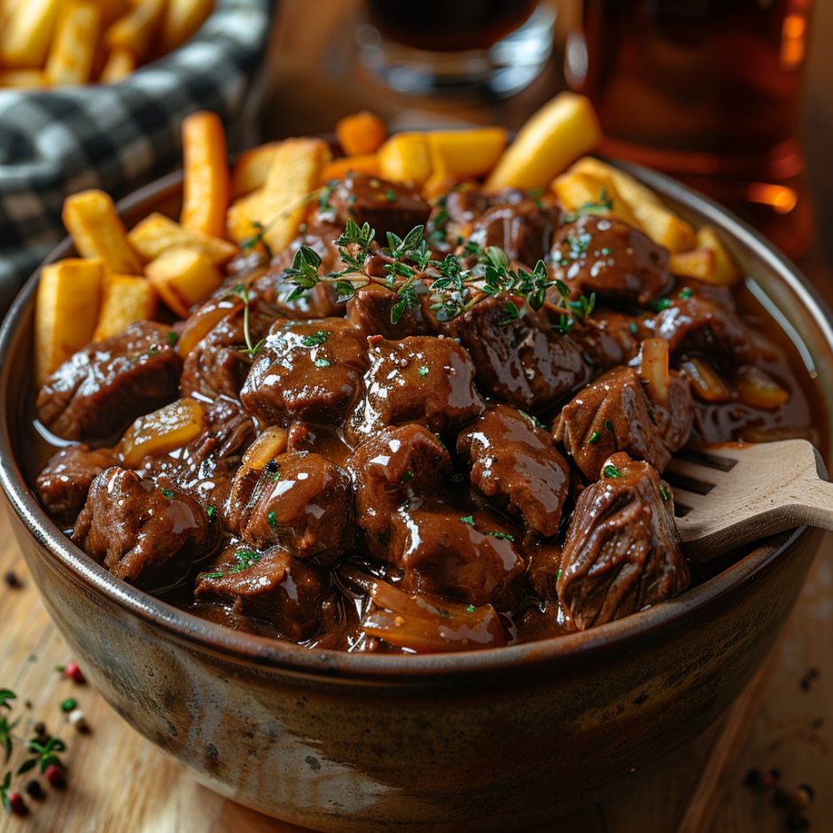 A bowl of meat and fries.