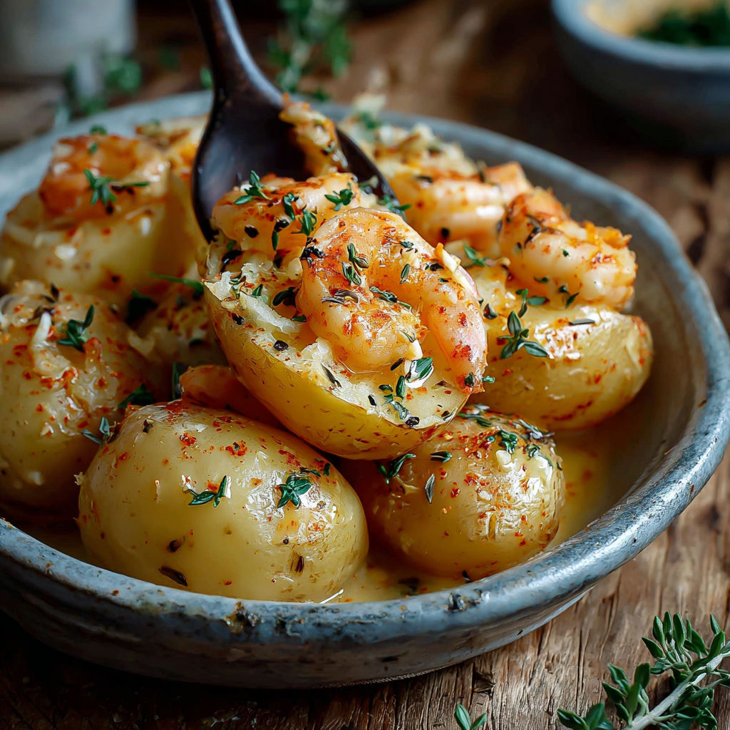 A bowl of shrimp and potatoes.