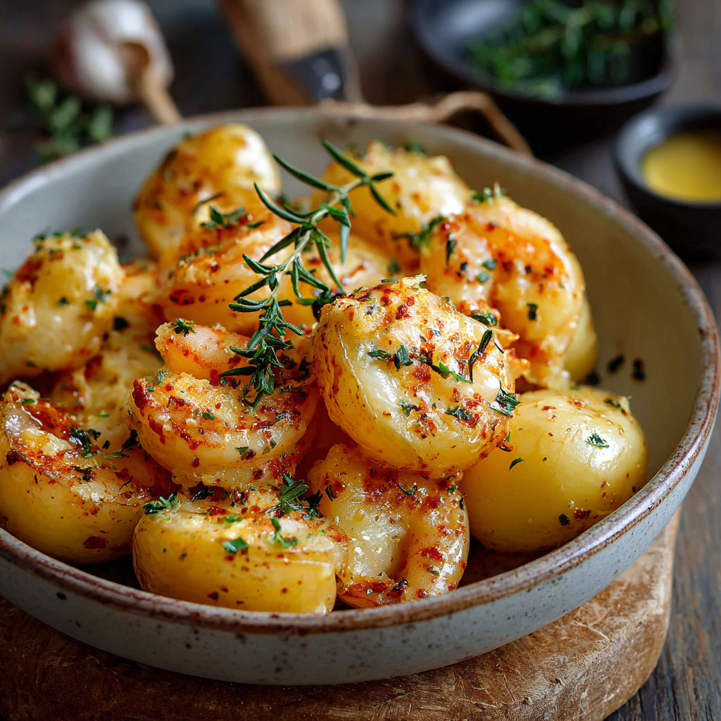 A bowl of shrimp and potatoes.