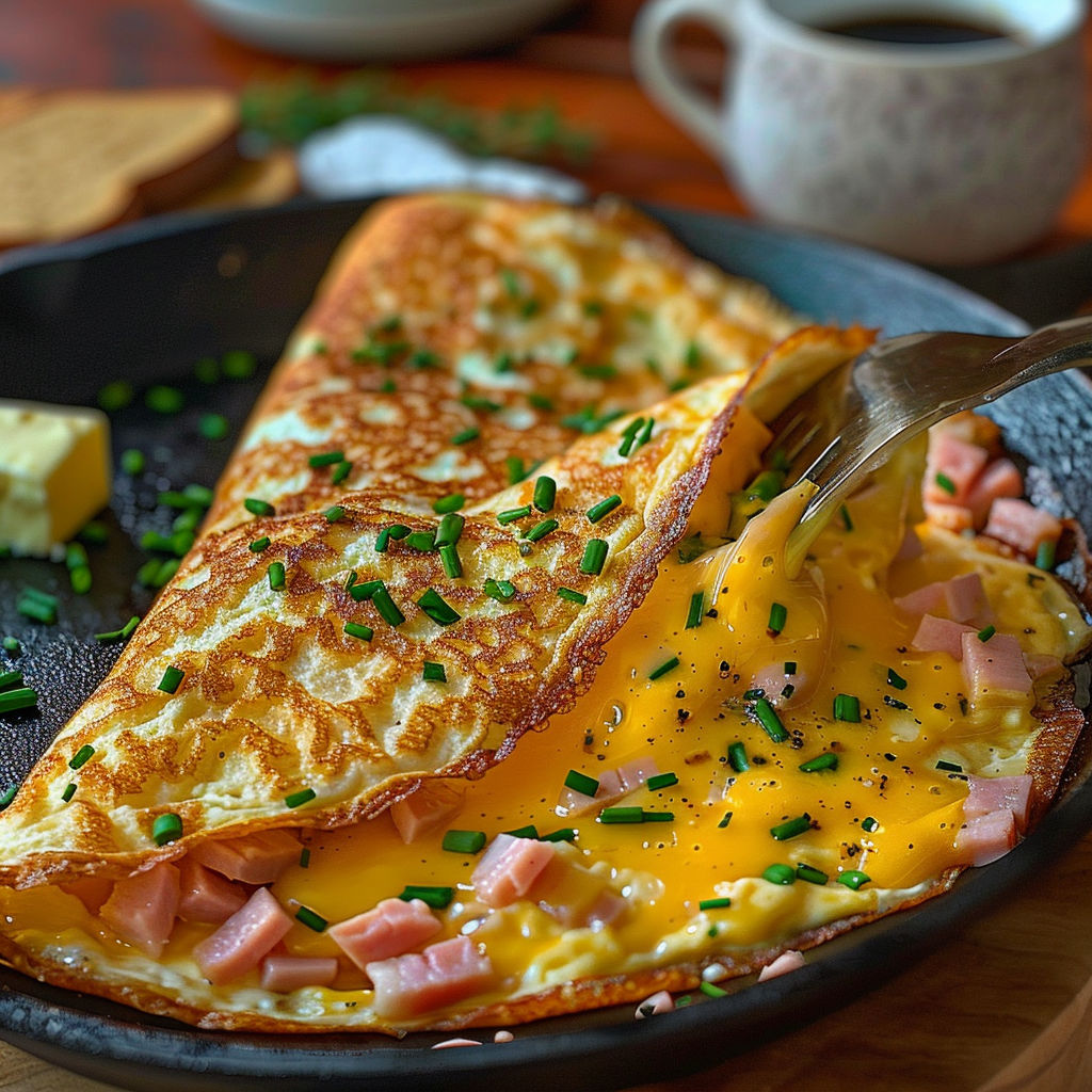 A delicious omelette with ham and cheese.