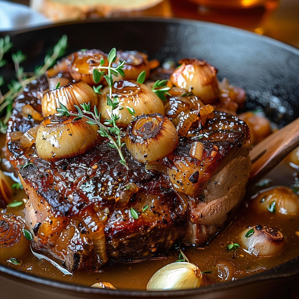 A close up of a delicious looking steak with onions and herbs.