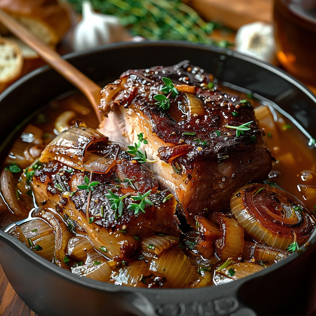 A close up of a roast beef dinner with onions and herbs.