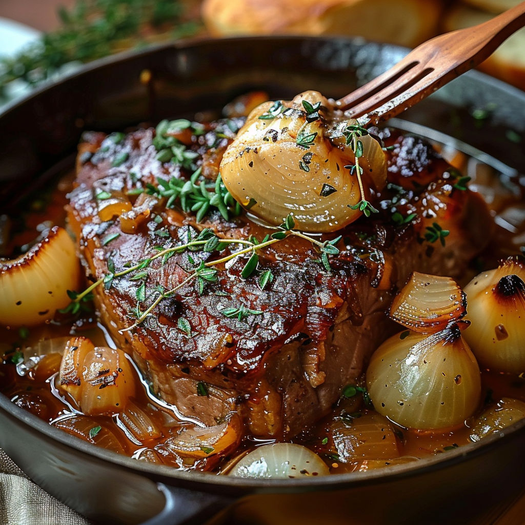 A close up of a steak with onions and herbs on top.