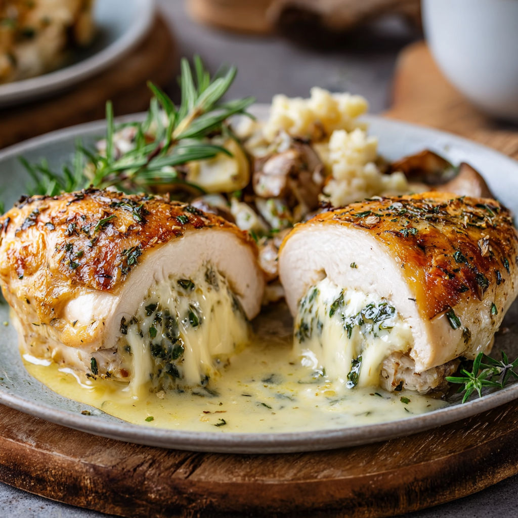 A plate of chicken with cheese and herbs.
