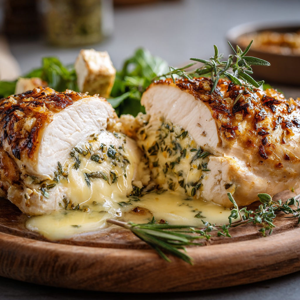 A piece of chicken with cheese and herbs on top.