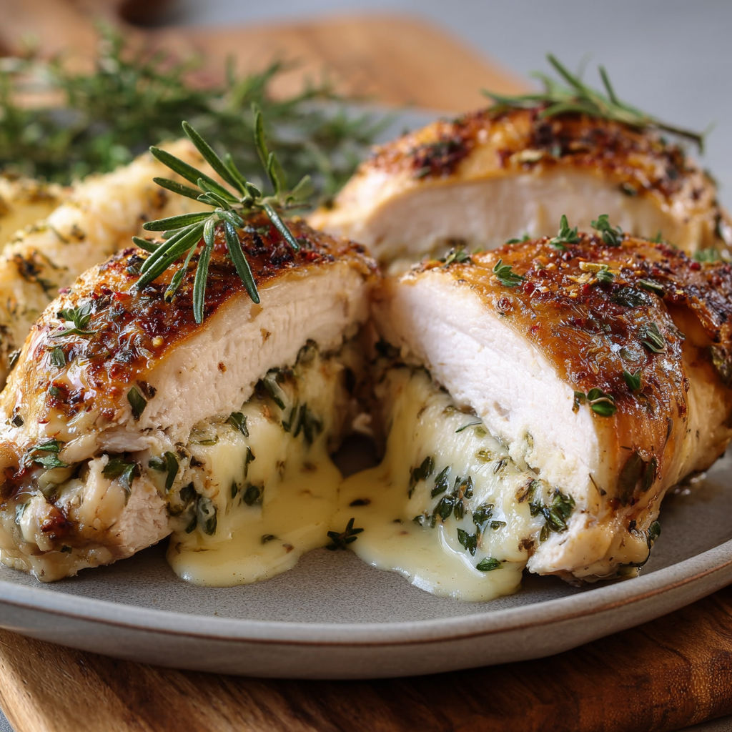 A plate of chicken with cheese and herbs.