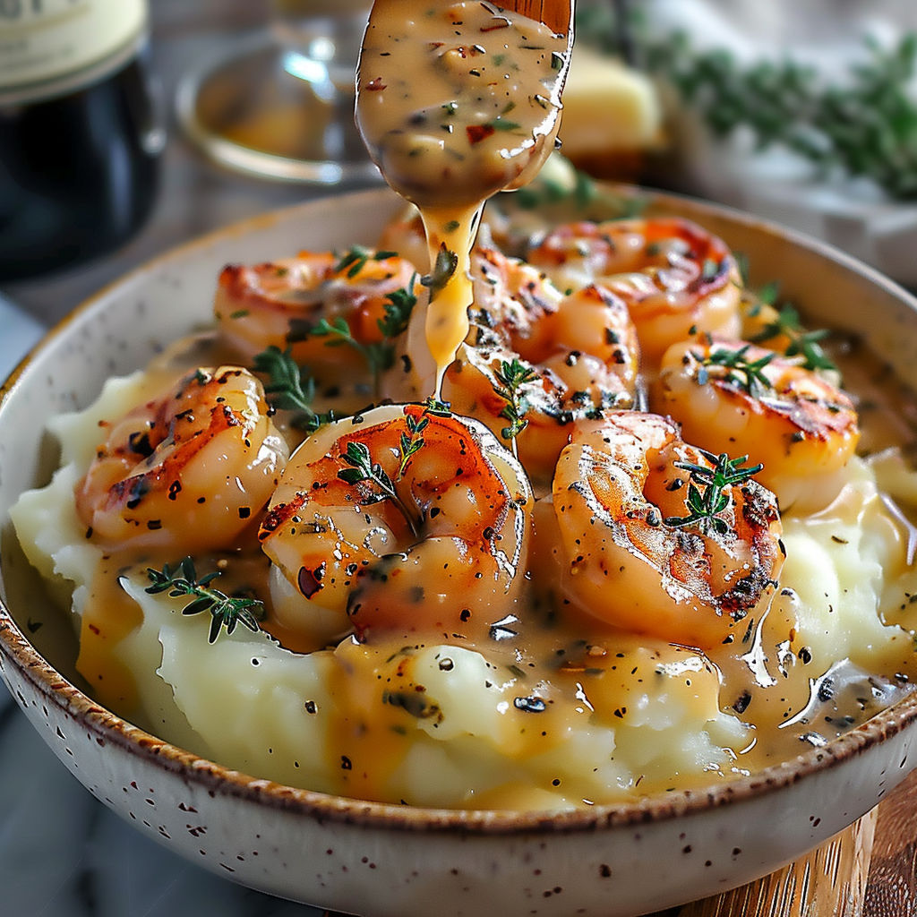 A bowl of shrimp with a spoon in it.