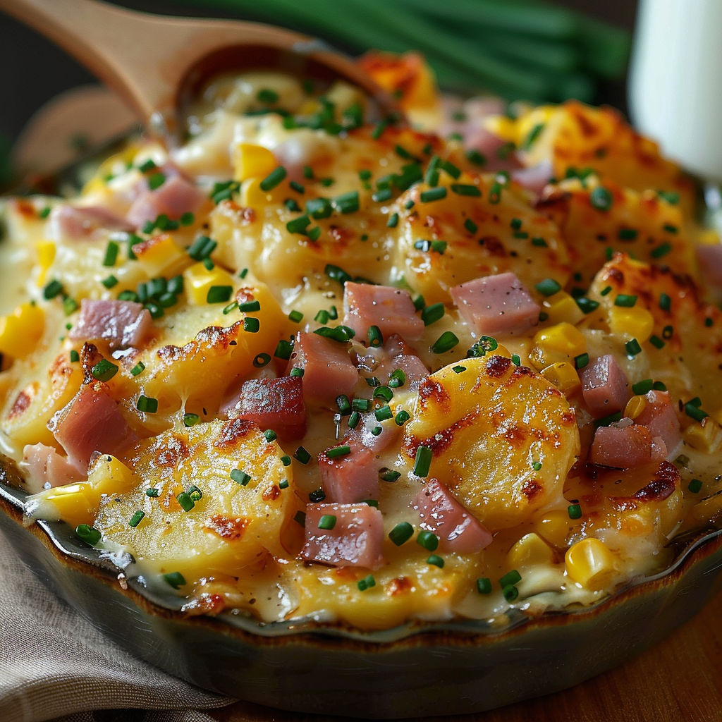 A dish of food with ham and corn.