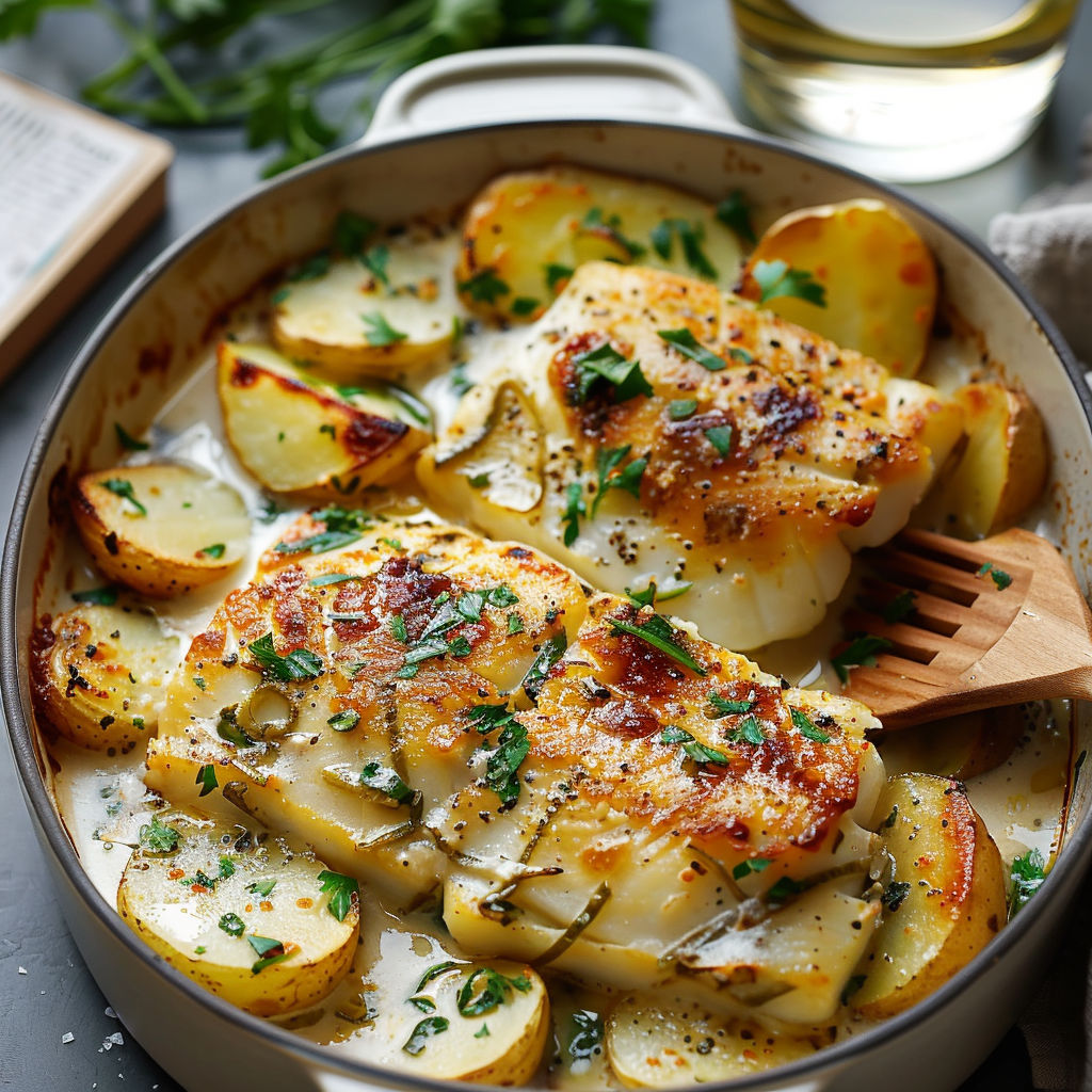 A casserole dish filled with chicken, potatoes, and herbs.