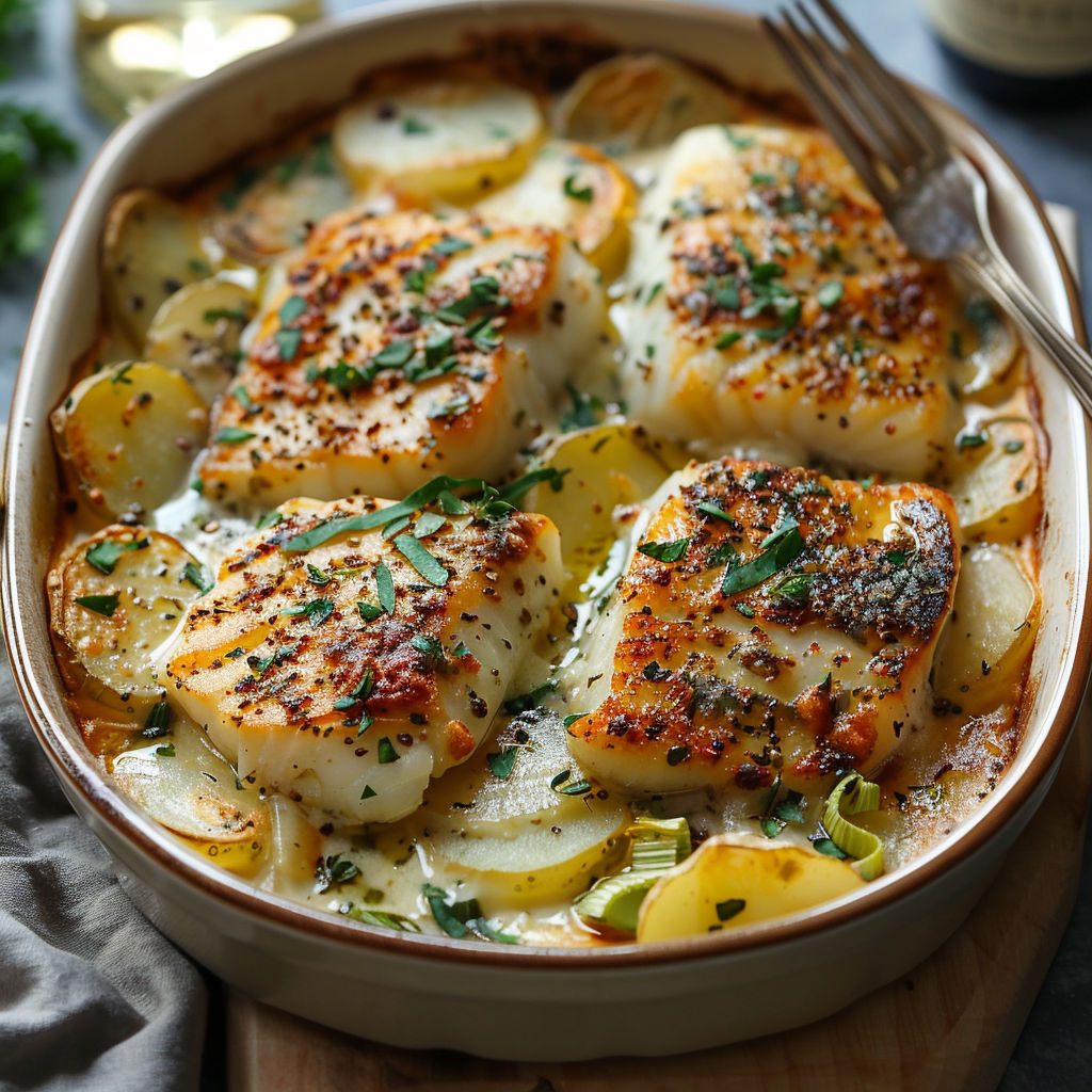 A bowl of fish and potatoes.