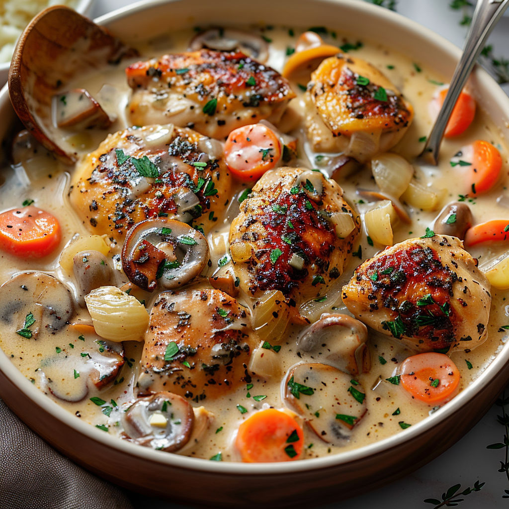 A bowl of chicken and vegetables.