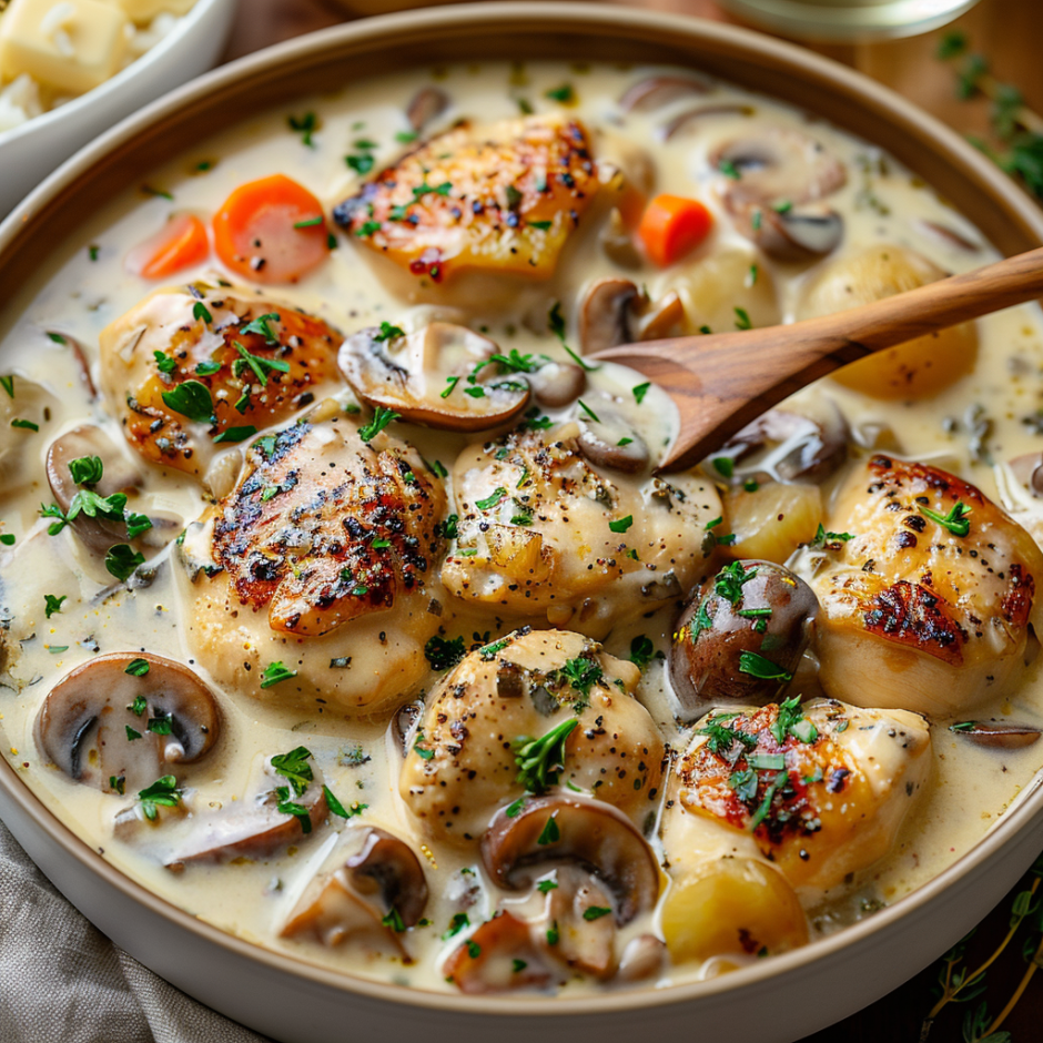 A bowl of food with chicken, mushrooms, carrots, and potatoes.