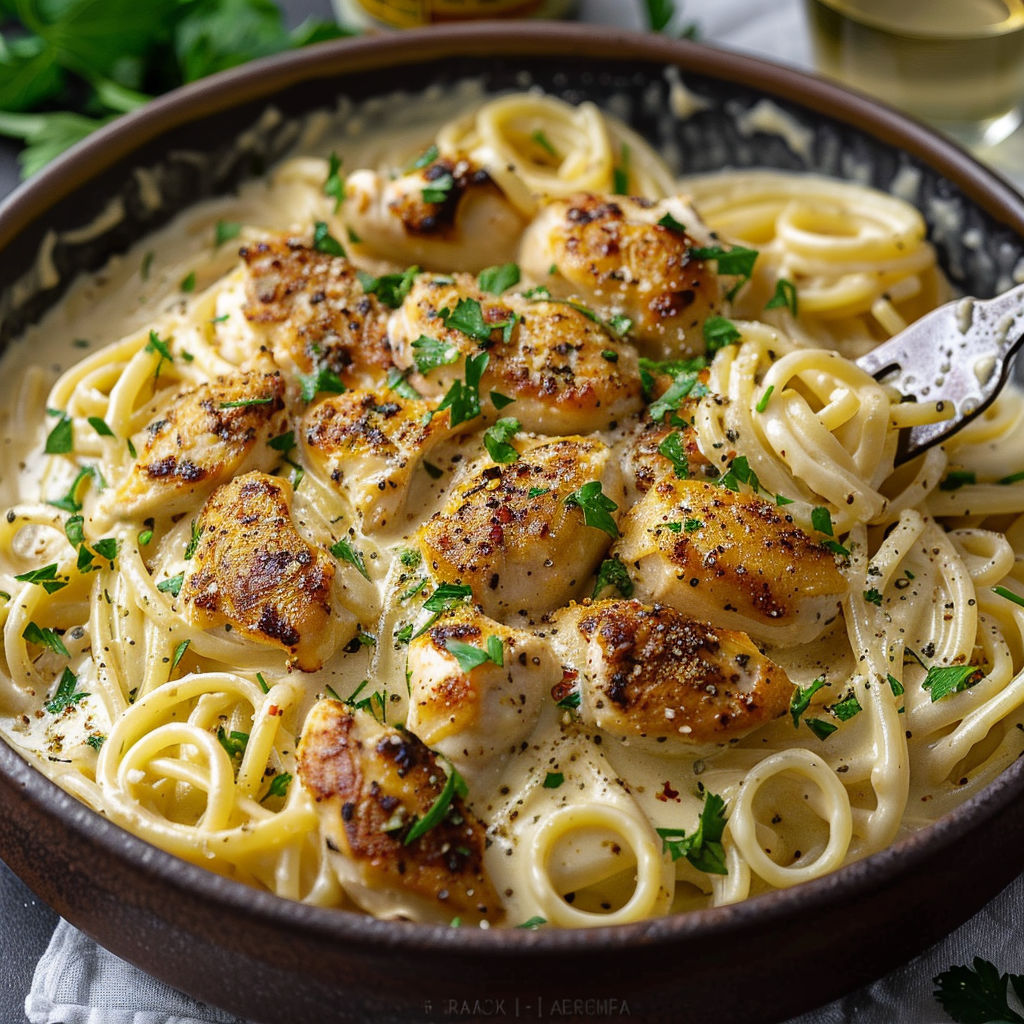 A bowl of pasta with chicken and herbs.