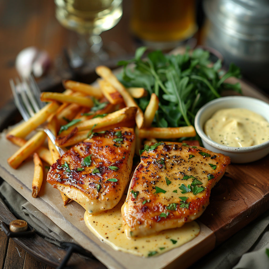 A plate of food with chicken, fries, and sauce.