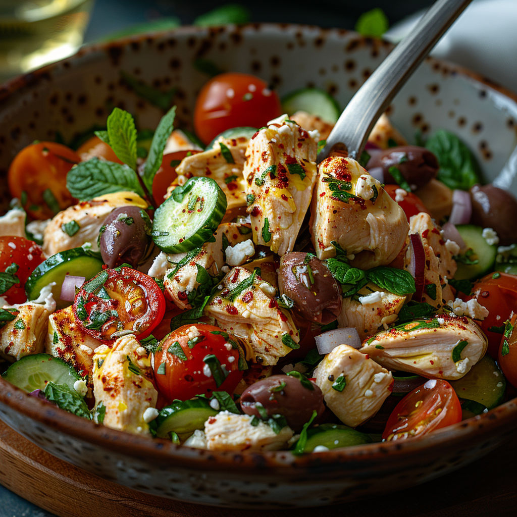 A bowl of food with tomatoes, cucumbers, and olives.
