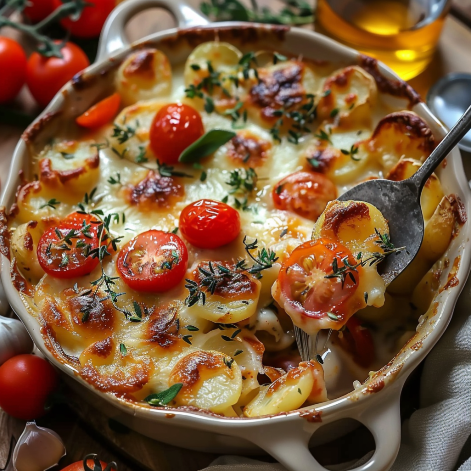 A bowl of food with tomatoes and potatoes.