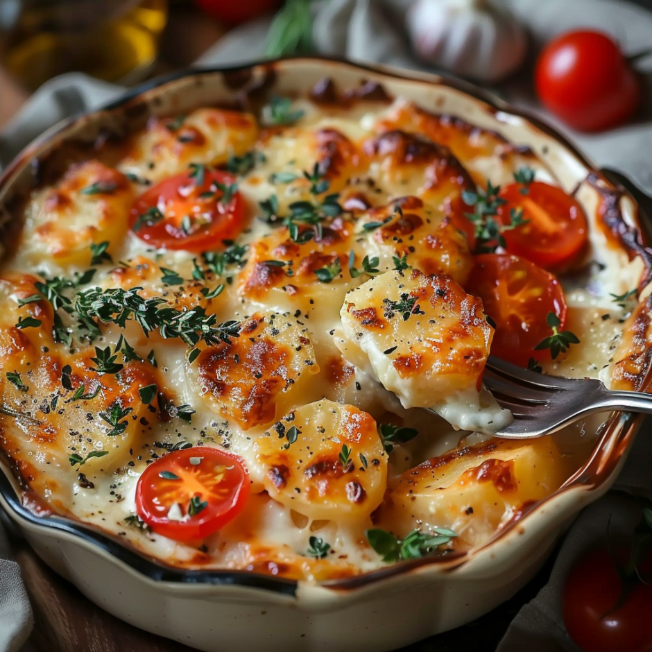 A dish with tomatoes, cheese and herbs.