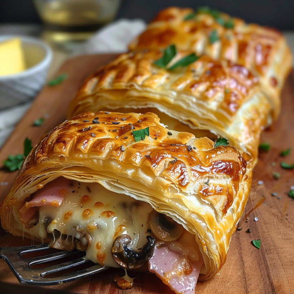 Feuilleté champignons jambon fondant.