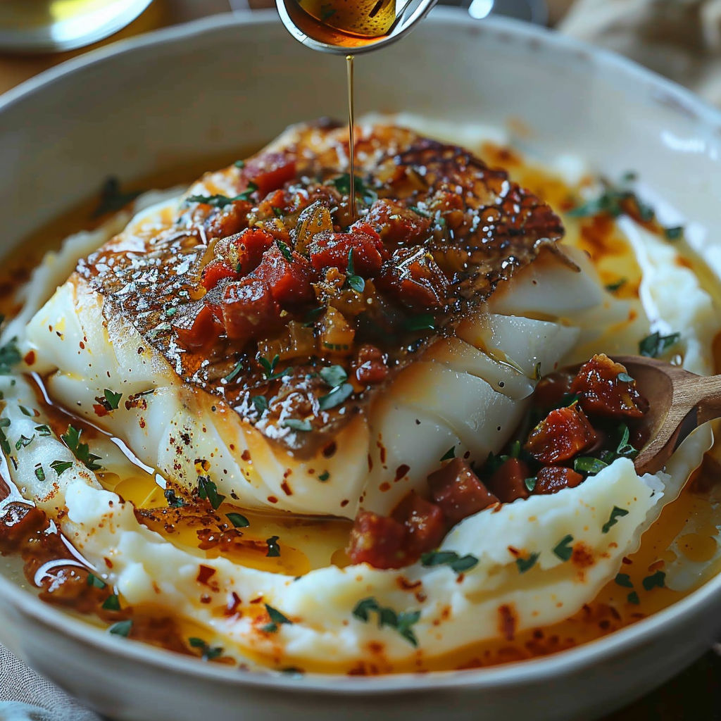 A bowl of fish with a sauce drizzled over it.