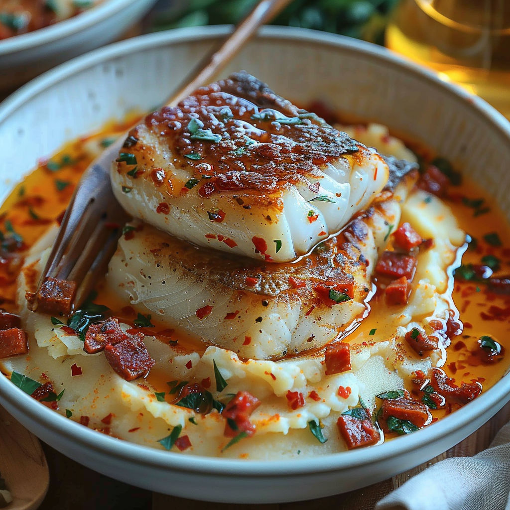 A bowl of food with fish and potatoes.