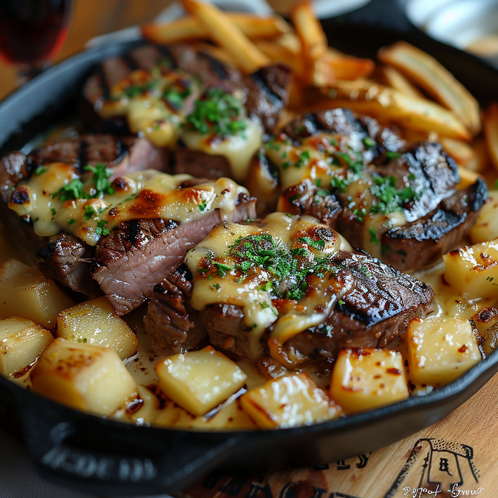 Steak with cheese and potatoes.