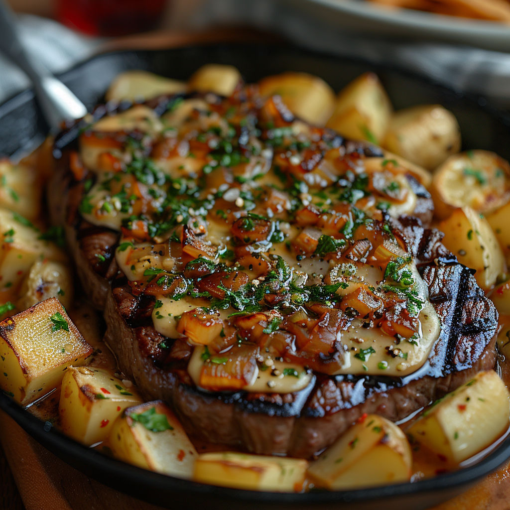 Steak with onions and potatoes.