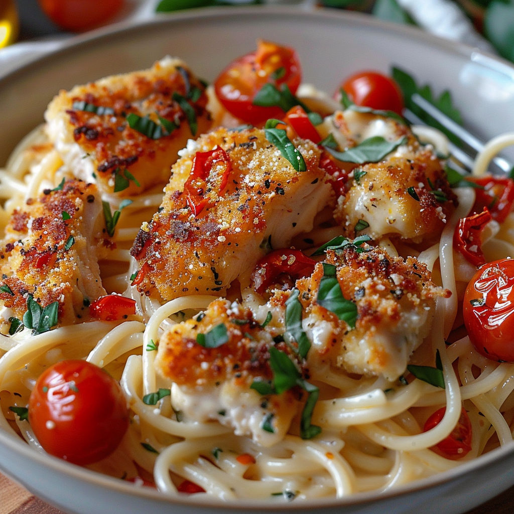 A bowl of pasta with chicken and tomatoes.