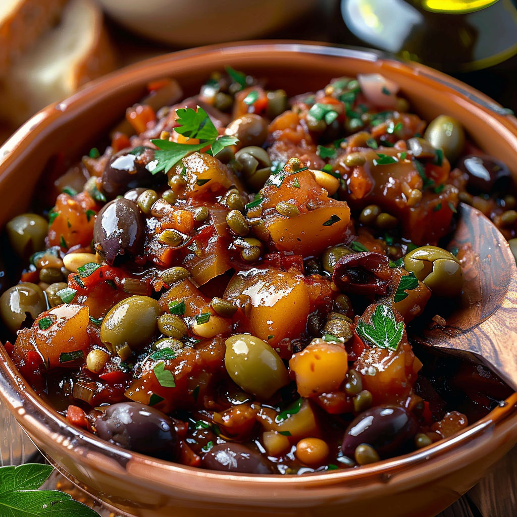 A bowl of food with olives and tomatoes.