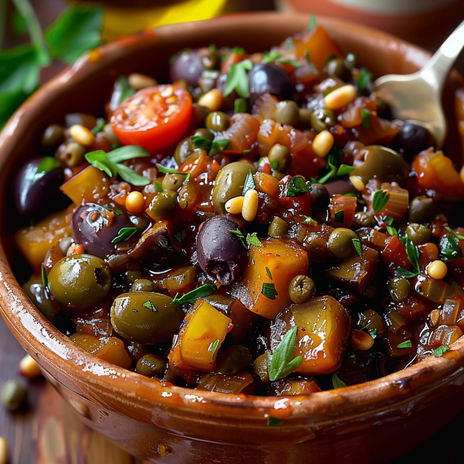 A bowl of food with olives, tomatoes, and other vegetables.