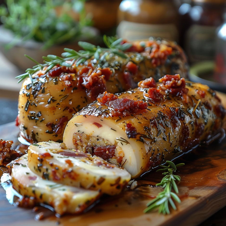 A piece of meat with herbs on it.