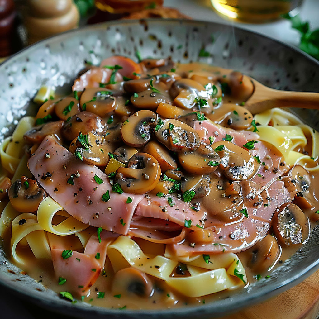 A bowl of pasta with mushrooms and ham.