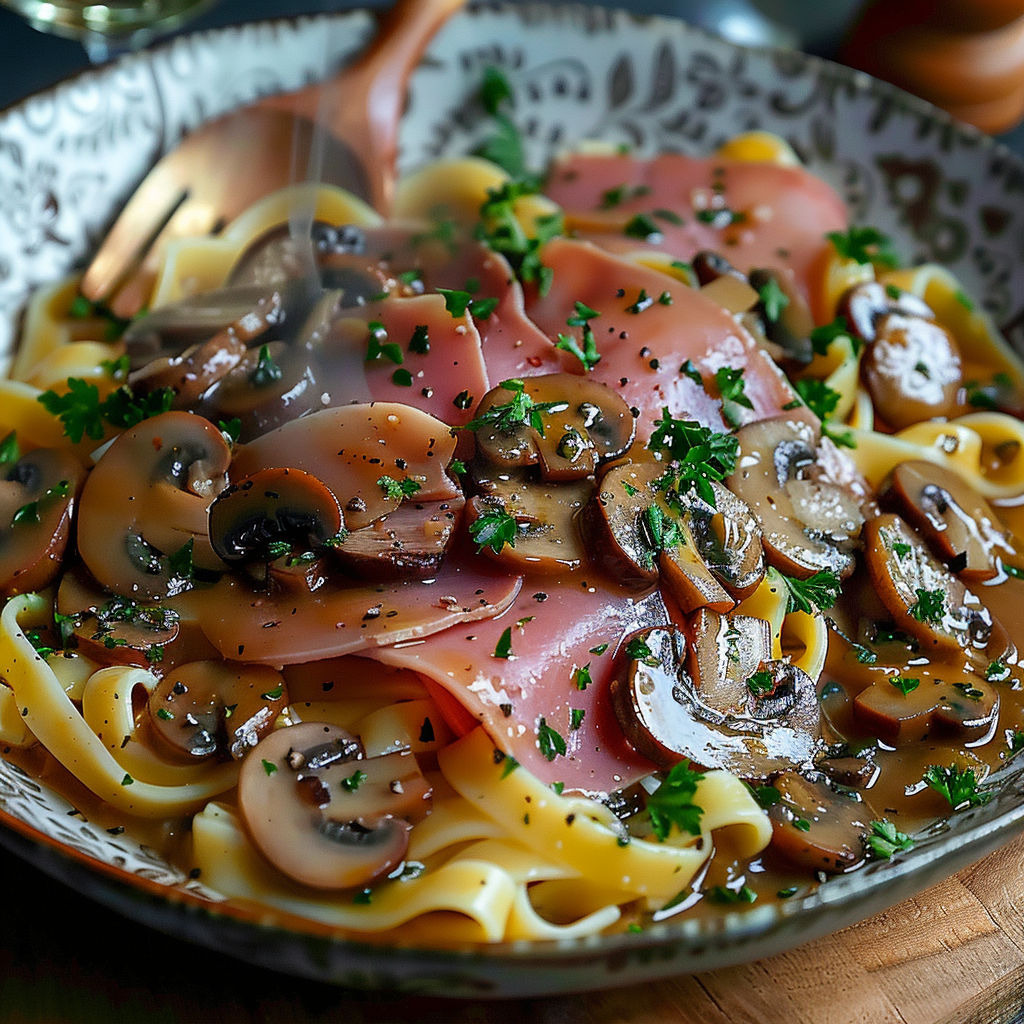 A bowl of pasta with meat and mushrooms.