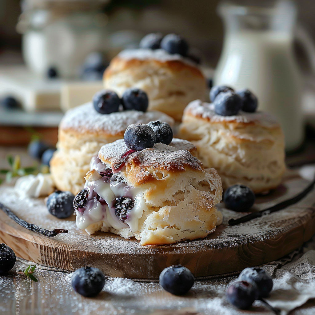 Blueberry muffins with powdered sugar.