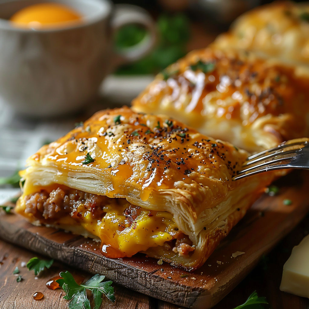A pastry with cheese and meat on a wooden board.