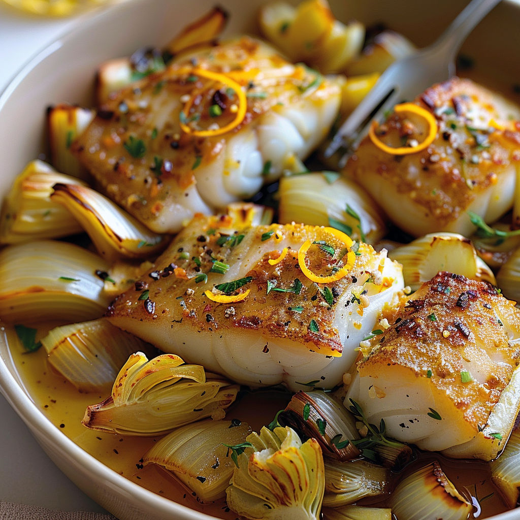 A bowl of fish with vegetables.