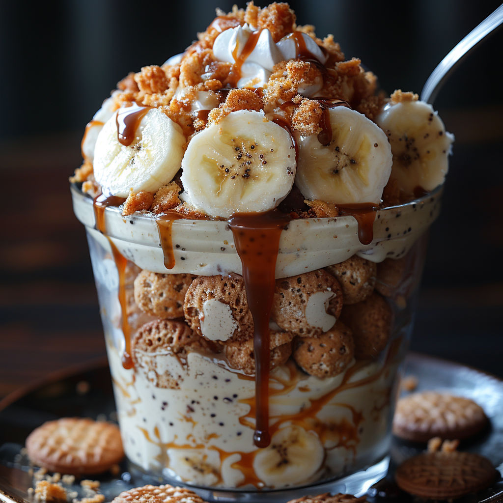 A glass of banana caramel dessert.