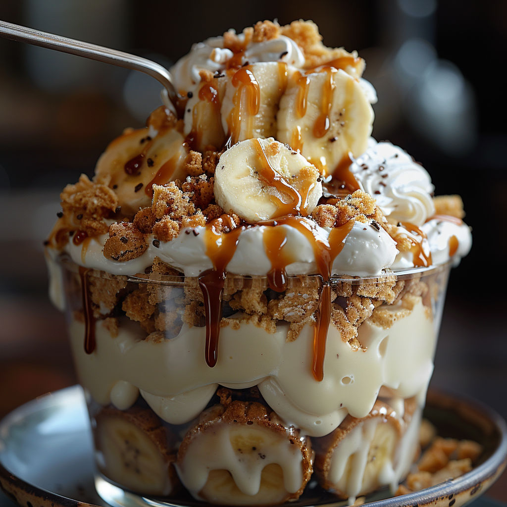 A dessert with bananas, whipped cream, and chocolate sauce.