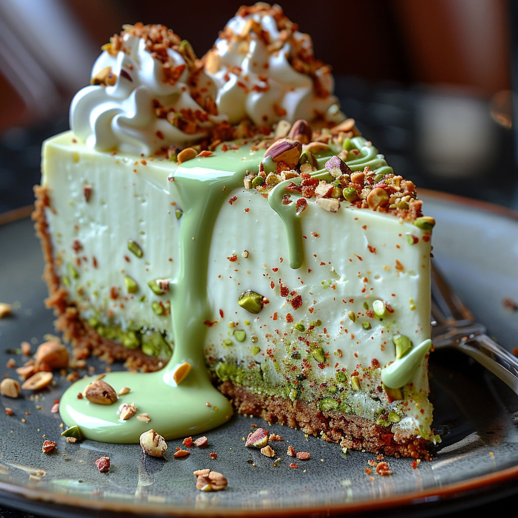 A slice of cheesecake with pistachio garnish.