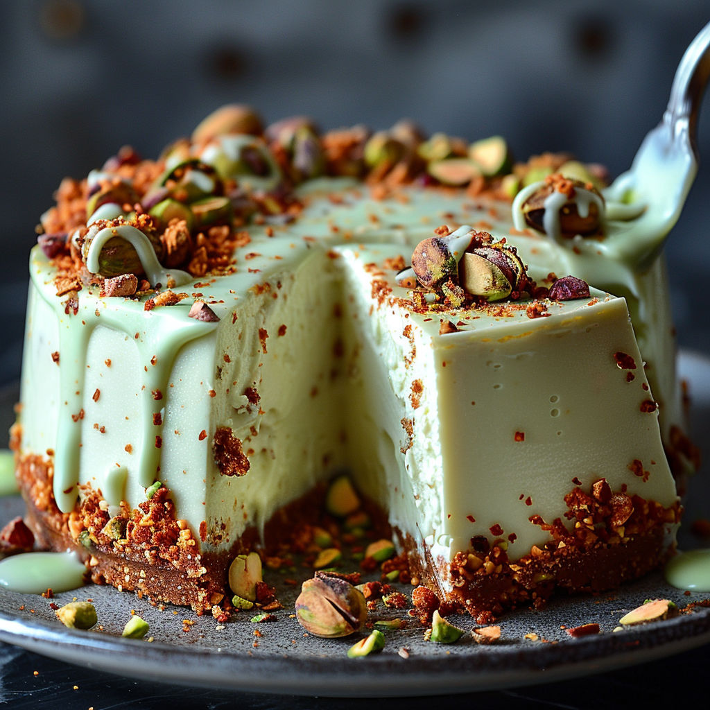 A slice of cheesecake with pistachio garnish.