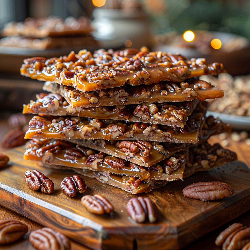 A stack of pecan bars on a wooden table.